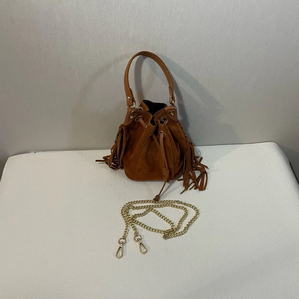 Anna Paola suede , genuine leather fringe bucket bag - Picture 3 of 13